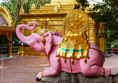 Pink Elephant Statue at Temple. Traditional Thai design with ornate decorations. Located in Ubon Ratchathani, Thailand.
