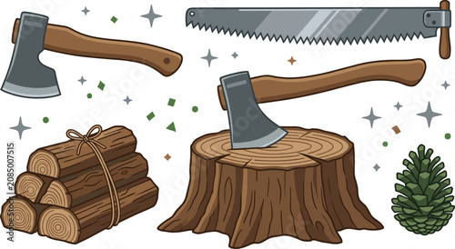 Konstfotografi Woodworking lumberjack tools vector illustration collection featuring sharp hand axes tree stump logs pile hand saw and pinecone elements