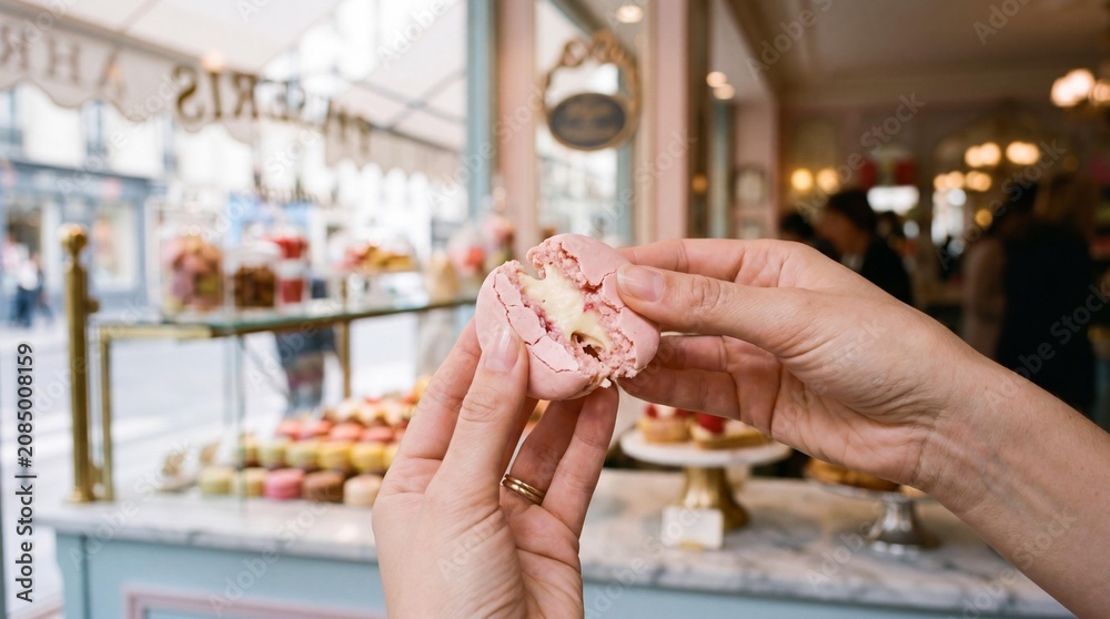 Obraz premium Woman's hands breaking a pink macaron in a Parisian pastry shop