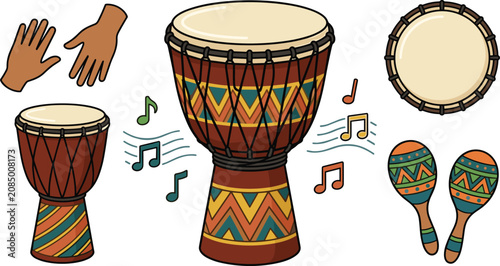 Fotografie African percussion instrument collection featuring djembe drums, maracas, hand p