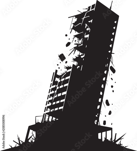 Canvastavla Black silhouette of a tall building collapsing during a major earthquake
