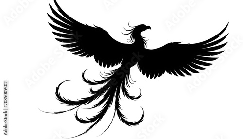 Black silhouette of a flying phoenix bird with long tail illustration