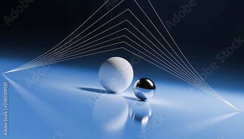 Abstract spheres and geometric lines on blue background illustration