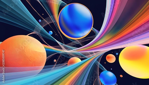 Abstract colorful planets and flowing waves in space illustration