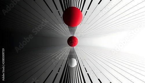Abstract red spheres with black and white sunburst lines illustration