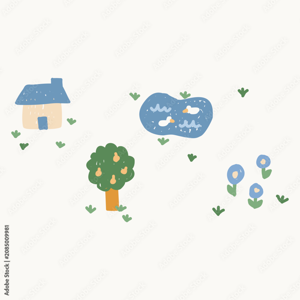 Naklejka premium Cute hand drawn home scenery cluster with little house trees pond and flowers isolated on white 