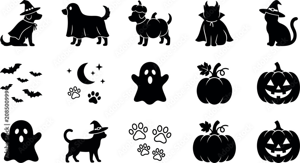 Obraz premium A detailed vector illustration showcasing various Halloween icons and characters in a festive style.