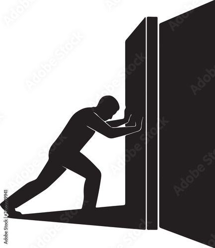 Silhouette of a man pushing a heavy door or wall open with great effort