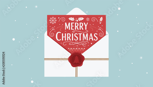 Festive holiday greeting card with text merry christmas inside a white envelope sealed with red wax on snowy blue background.