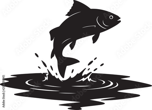 Black silhouette of a jumping salmon fish splashing in the water surface