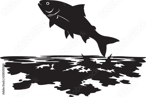 Black silhouette of a jumping fish splashing out of the water surface