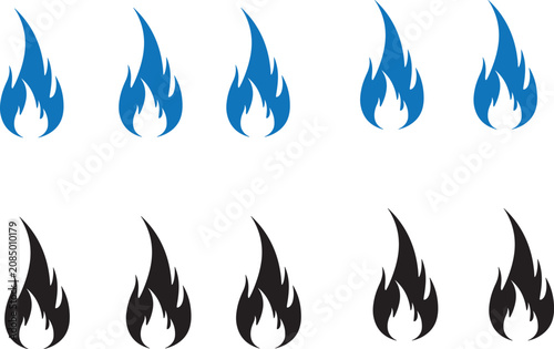 Set of blue and black fire flame icons for graphic design and web elements