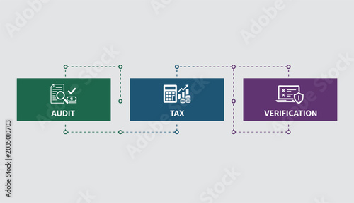 Professional financial services infographic presenting three key categories including audit tax and business verification processes.