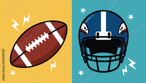 American football theme split screen illustration featuring a classic brown leather ball and a team helmet with eagle emblems.
