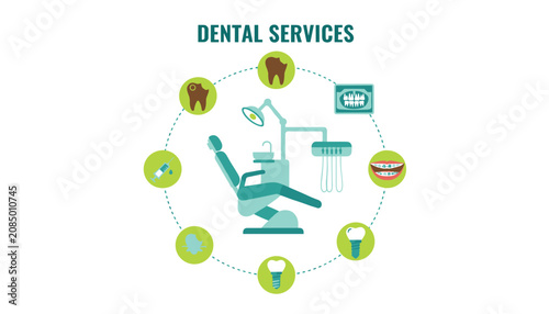Modern dental clinic setup with a professional patient chair surrounded by various oral health and dentistry icons.
