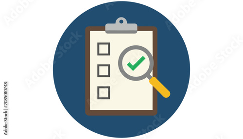 Quality control and task completion concept with a magnifying glass inspecting a green checkmark on a checklist document.