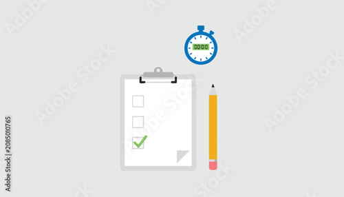 Time management and performance tracking concept featuring a stopwatch, clipboard checklist, and a sharp yellow pencil.