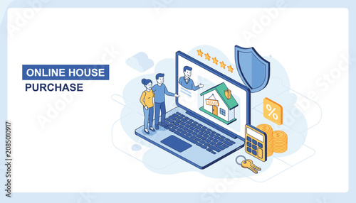 Online house purchase and real estate security concept featuring a family, house listings on laptop, and financial icons.