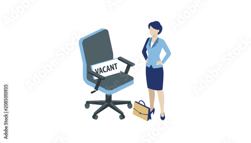 Professional hiring and office recruitment concept with a businesswoman standing next to a vacant executive chair.