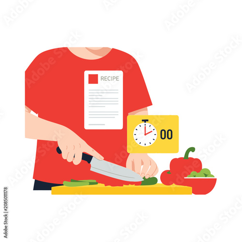Person following a recipe and chopping vegetables with a timer counting down, healthy cooking concept