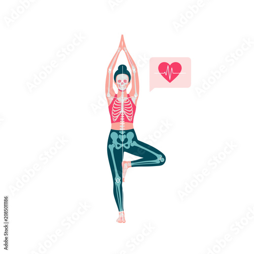 Woman doing yoga tree pose with visible skeleton and heartbeat icon, symbolizing health and wellness
