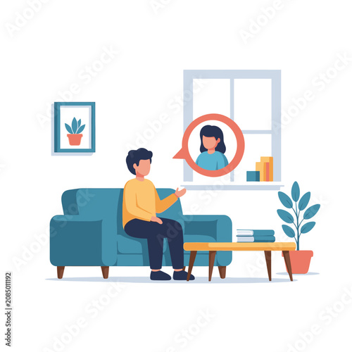 Man sitting on sofa having a video call with a woman through the window, communication concept