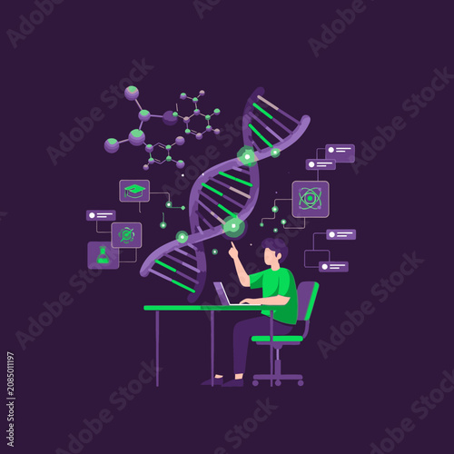 Scientist studying DNA structure and molecular biology with a laptop and digital interfaces