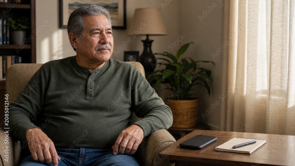 Fototapeta premium Elder Fraud Prevention Older Latine Man Quiet Living Room Letting