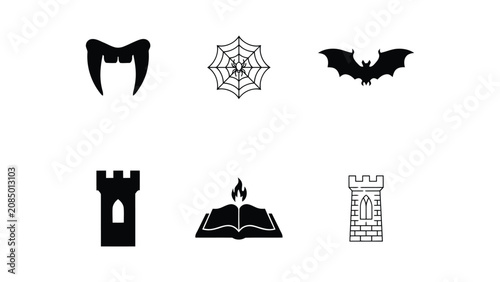 Фотография Halloween icons including vampire fangs spider web bat castle book flame