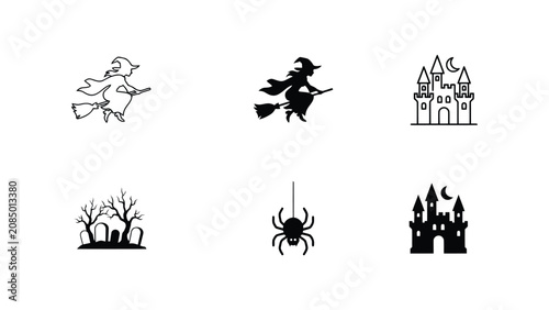 Halloween icons set with witches castles spiders and graveyards in black and white