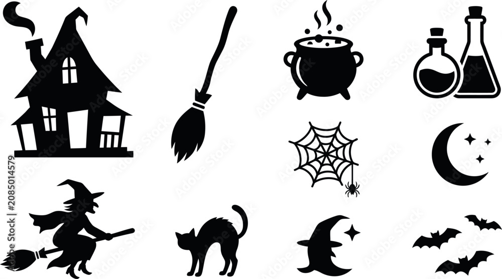 Fototapeta premium Halloween-themed vector illustration with spooky house, witch hat, cauldron, spider web, moon, and bats in black silhouette style