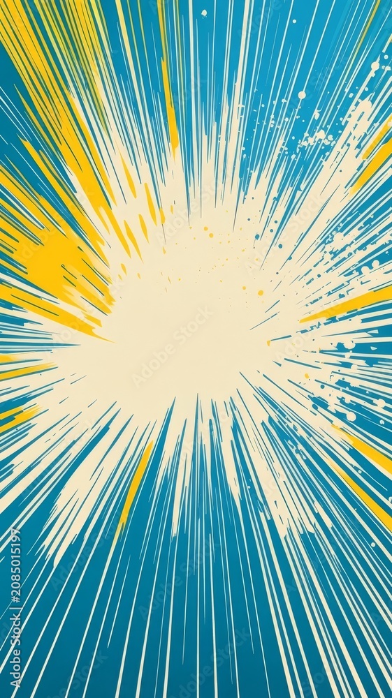 Obraz premium Abstract sunburst explosion background with vibrant yellow and blue radial light beams for modern dynamic graphic design projects.