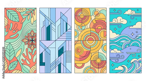 collection of four abstract vertical banners with nature architecture geometric and ocean themes