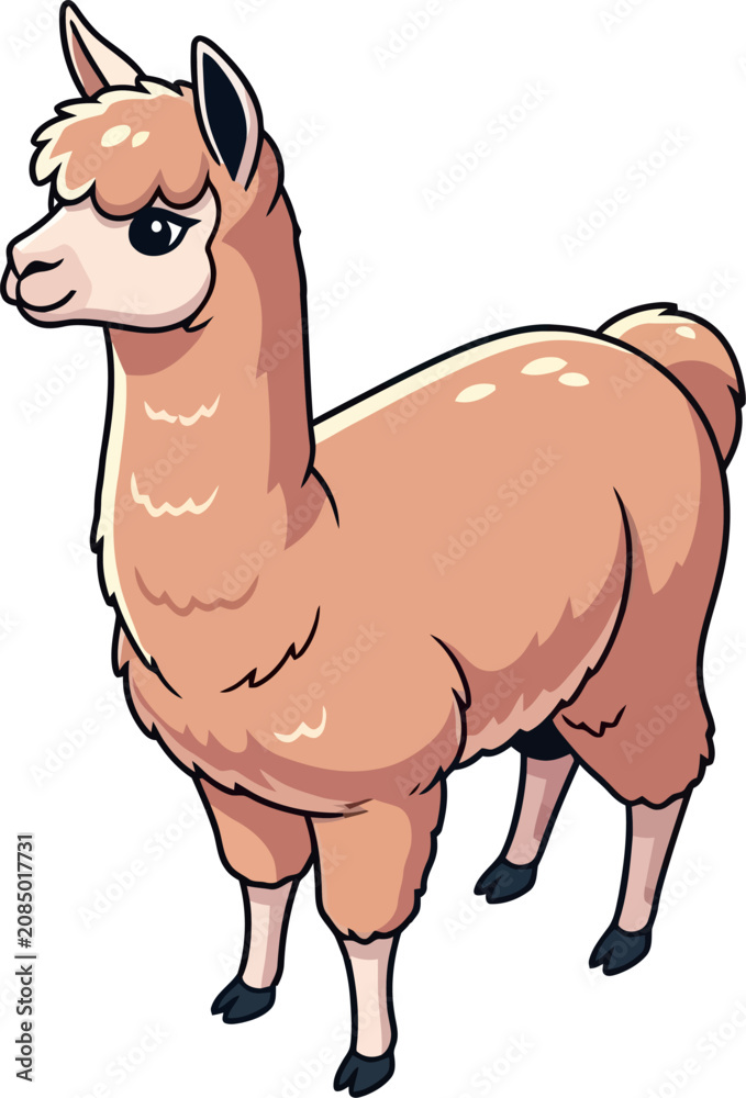Naklejka premium Cute brown alpaca standing in cartoon style isolated vector illustration