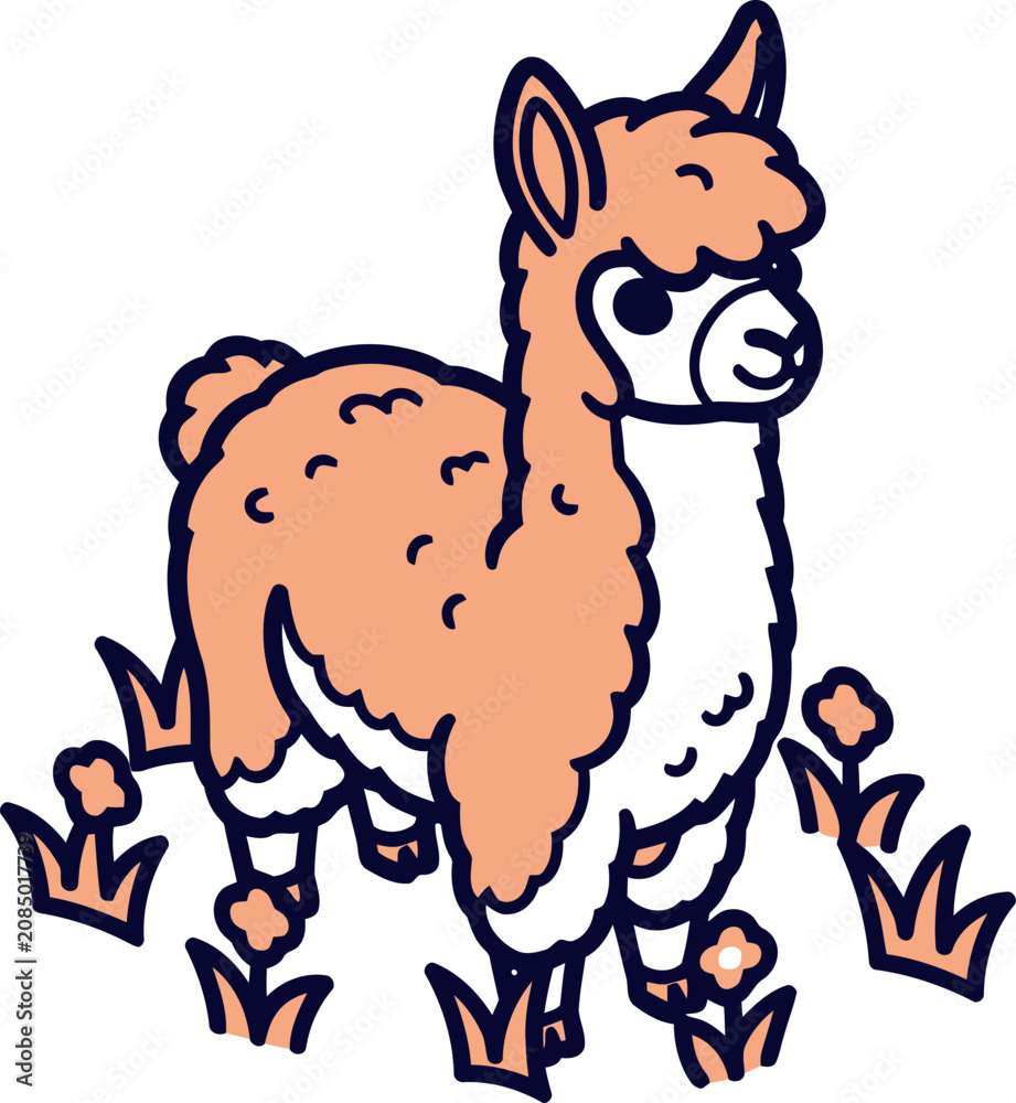 Naklejka premium Cute orange alpaca standing in green grass with small orange flowers