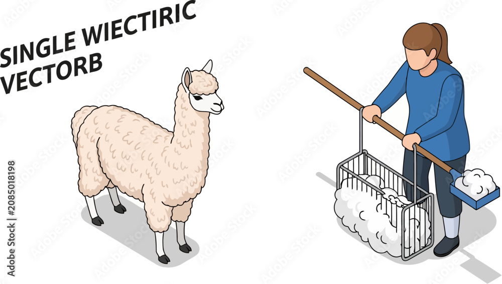 Naklejka premium Isometric vector showing person collecting alpaca wool fleece next to standing alpaca