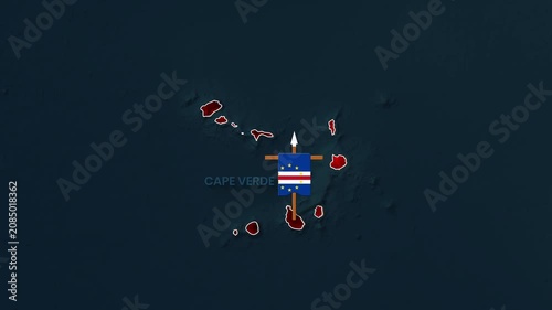 Cape Verde island nation map with flag animation digital motion footage