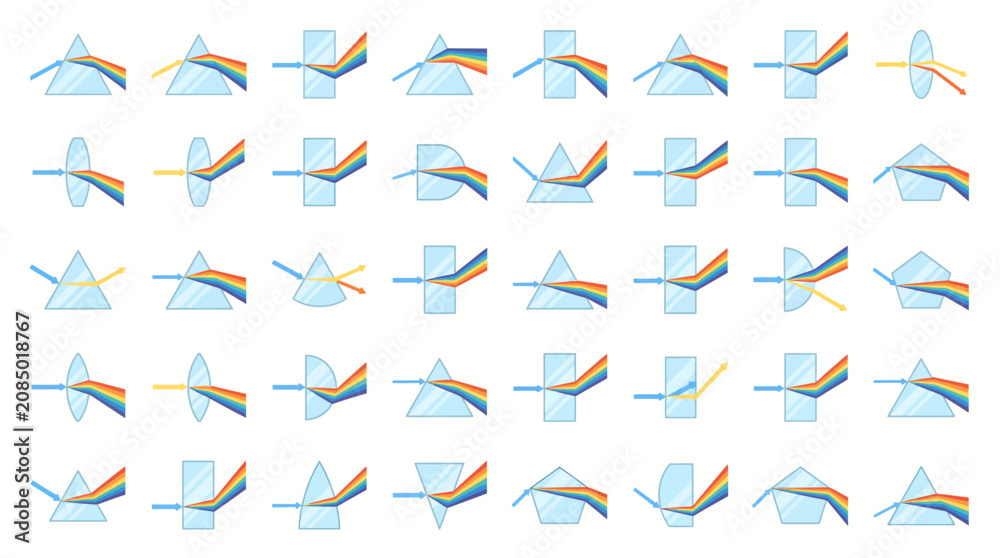 Fototapeta premium Prisms displaying light refraction through various geometric shapes demonstrate the physics of color dispersion.
