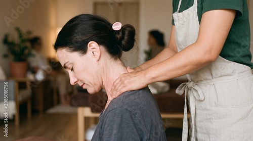 A woman receives a therapeutic neck massage from a therapist wearing an apron in a calm softly lit wellness space physical therapy relaxation stress relief body care healing treatment client