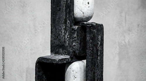Minimalist stone and metal art sculpture.