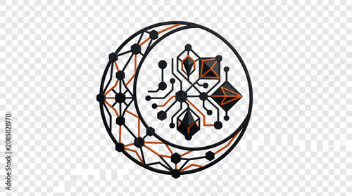 Abstract Geometric Crescent Moon with Circuitry
