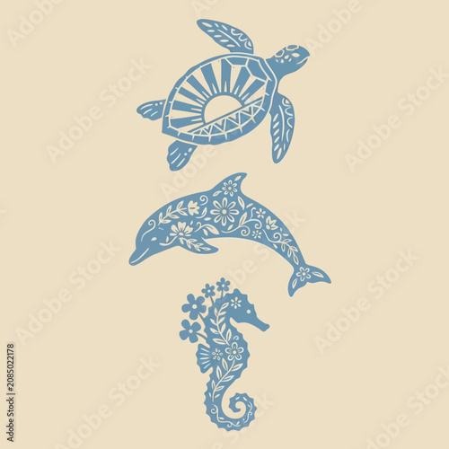 Turtle Dolphin Seahorse Marine Animals.