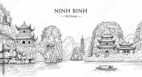 Quadro su tela A blackandwhite ink sketch of a Ninh Binh river landscape with pagodas rocky cli