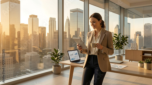 Young professional businesswoman standing in a minimalist modern office