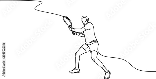 Continuous line art drawing of a tennis player in ready position