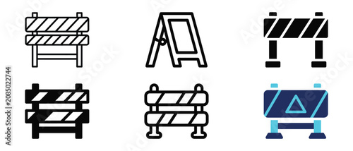 Set of six road and construction barrier vector icons including striped fence designs and folding barricades for urban safety applications and public works street control with transparent background.