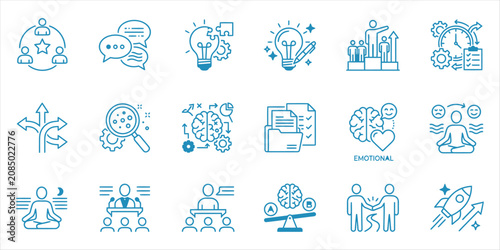 Blue vector icons depicting business concepts and teamwork strategies in a modern graphic design with various symbols and illustrations
