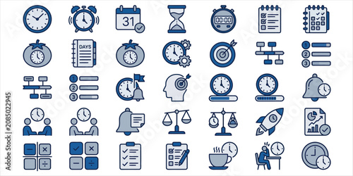 Blue vector icons depicting various time management and productivity symbols including clocks, calendars, and task lists in a graphic design