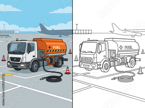 Detailed orange and white airport fuel tanker truck vector illustration featuring a clean graphic style with bold black line art