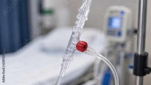 Infusion set connector port red plastic tube hospital bed equipment, close detail of clear branch medical access line against blurred clinical room background